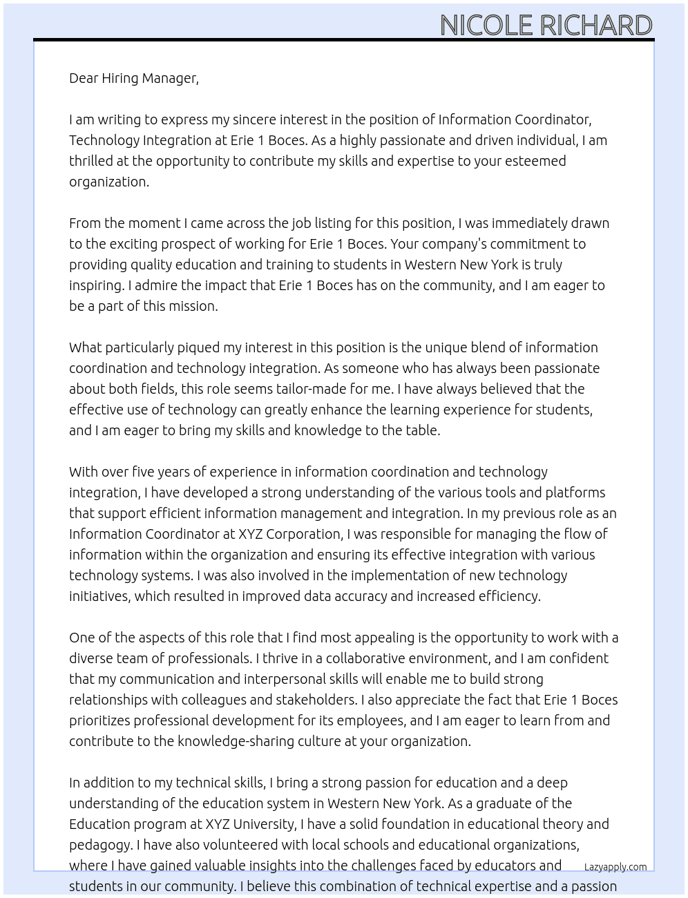 Information Coordinator, Technology Integration At Erie 1 Boces Cover Letter