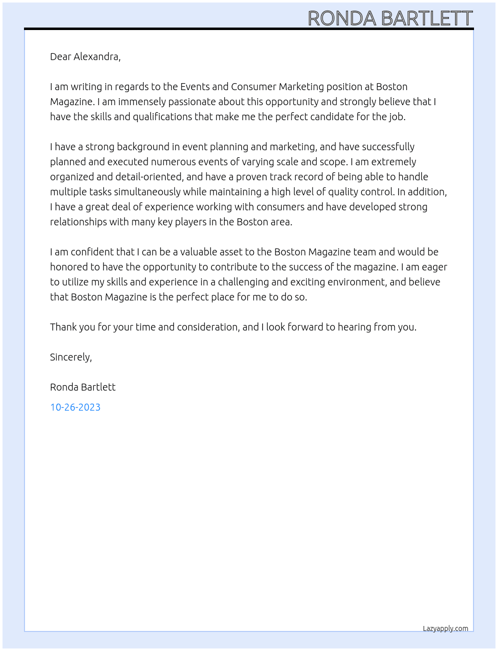 Events and Consumer Marketing At Boston Magazine Cover Letter