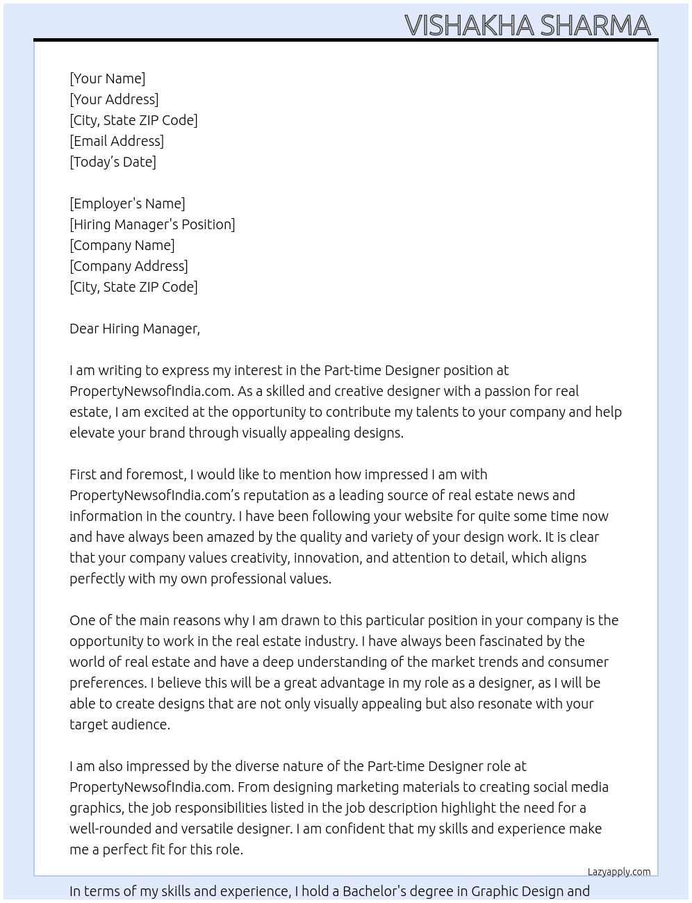 Part time designer  At PropertyNewsofIndia.com Cover Letter