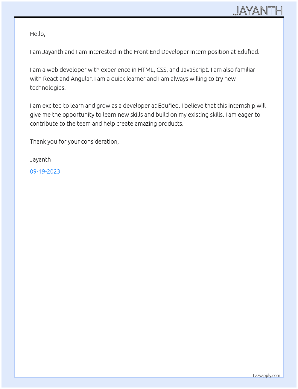 Front End Developer Intern At Edufied Cover Letter