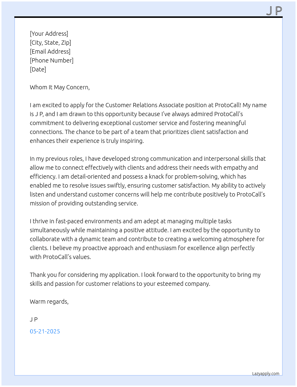Customer Relations Associate At ProtoCall Cover Letter