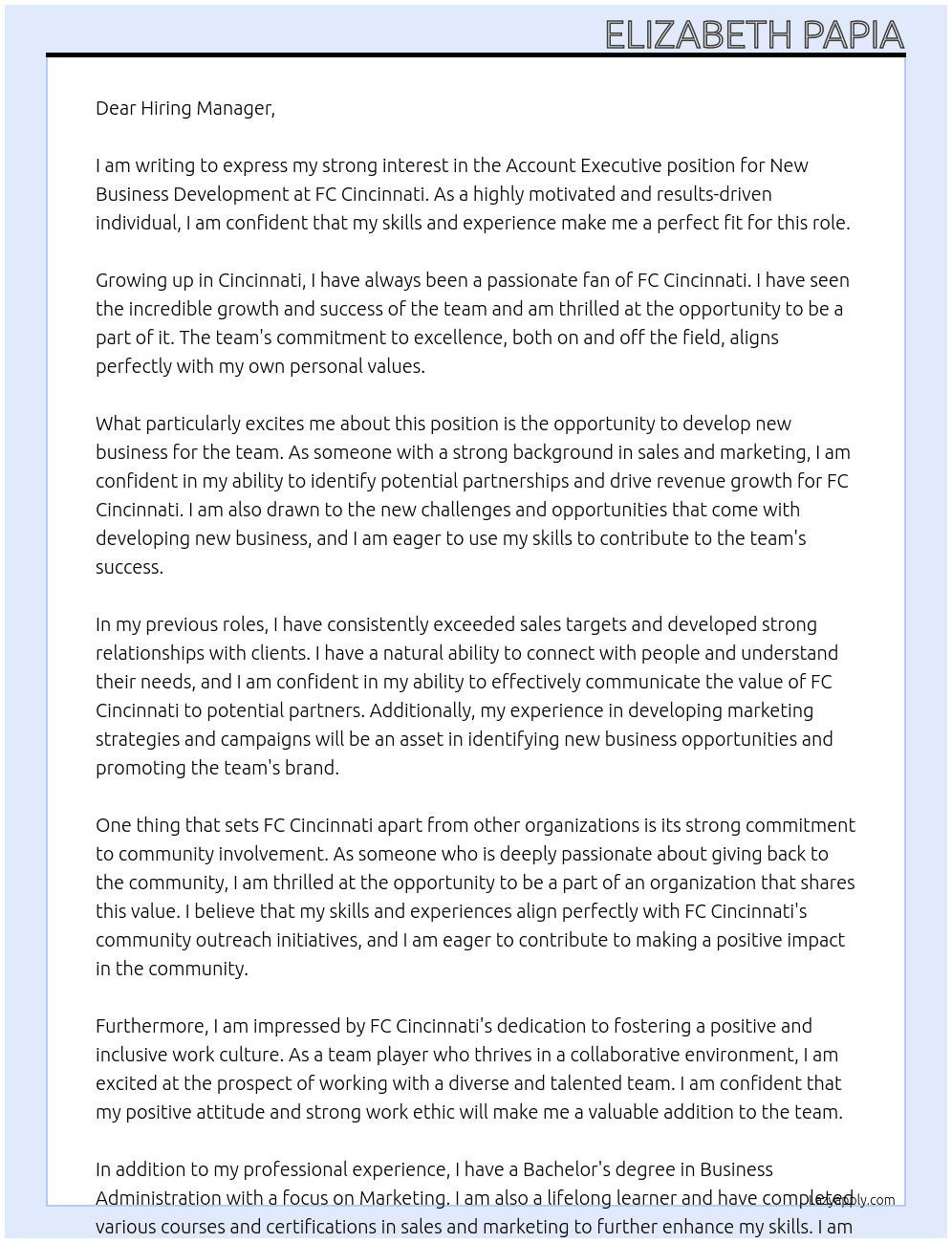 Account Executive, New Business Development  At FC Cincinnati Cover Letter