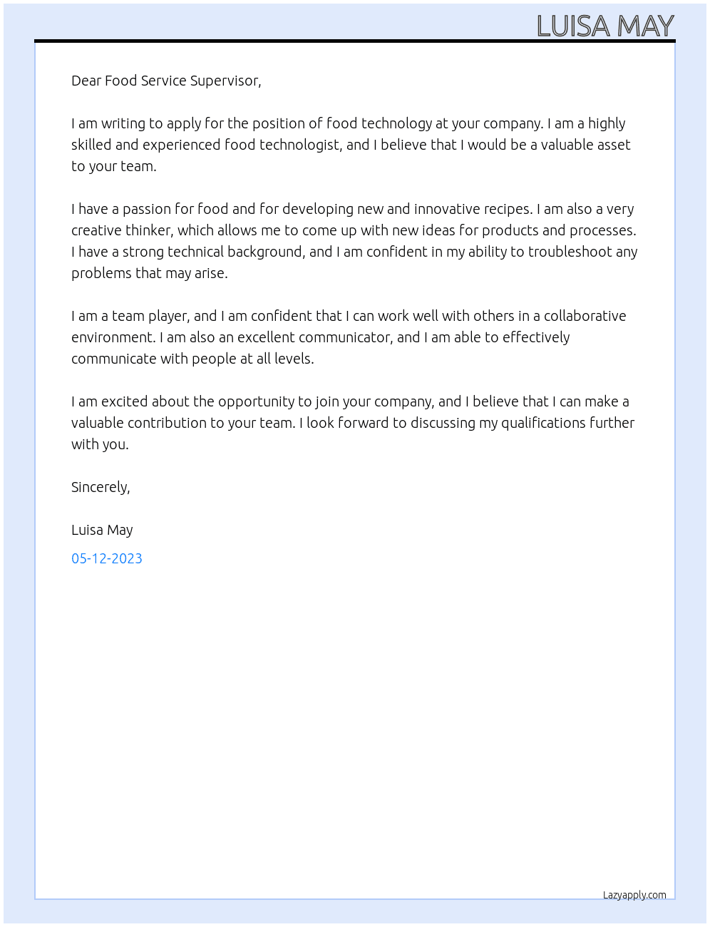 food technology At food service supervisor Cover Letter