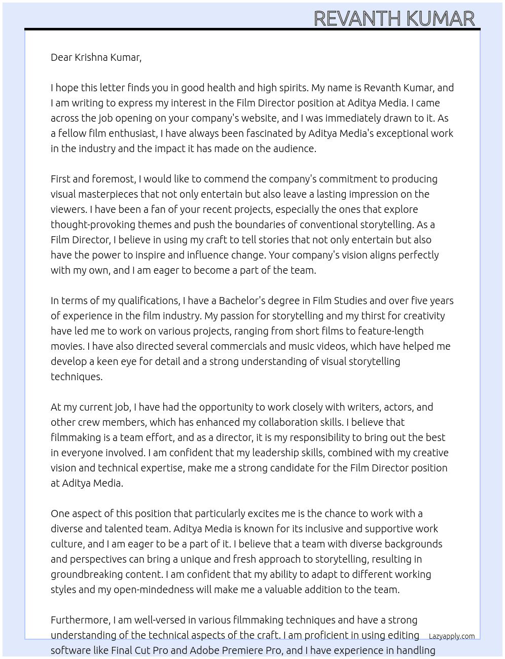 Film Director At Aditya Media Cover Letter