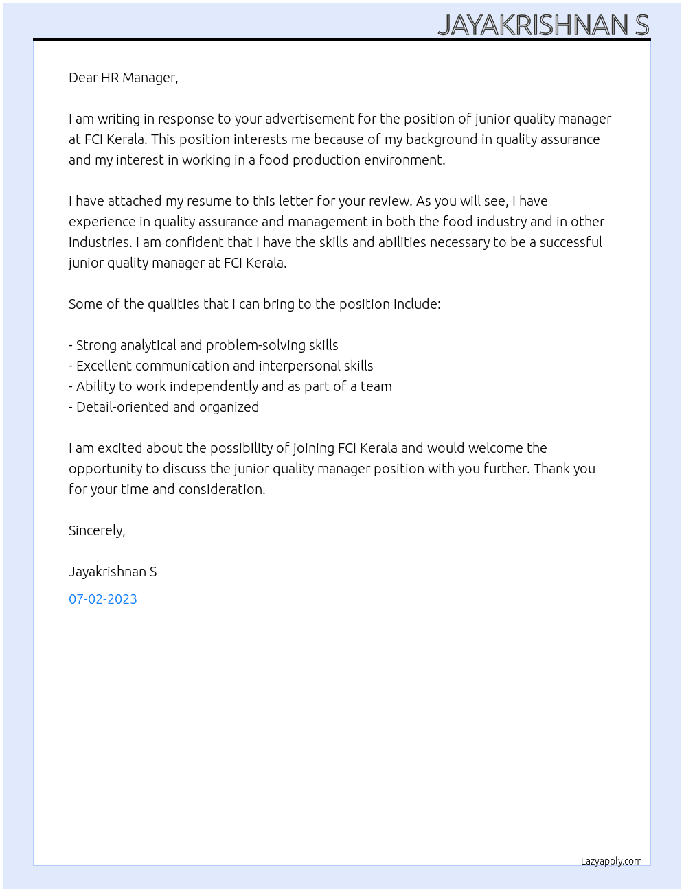 junior quality manager  At FCI KERALA  Cover Letter