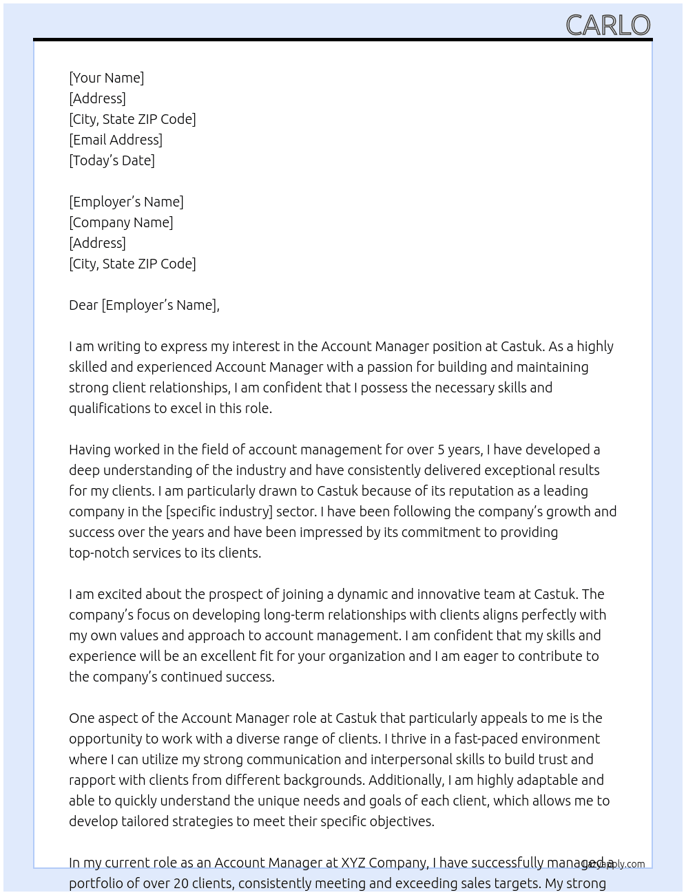 Account Manager At Castuk Cover Letter