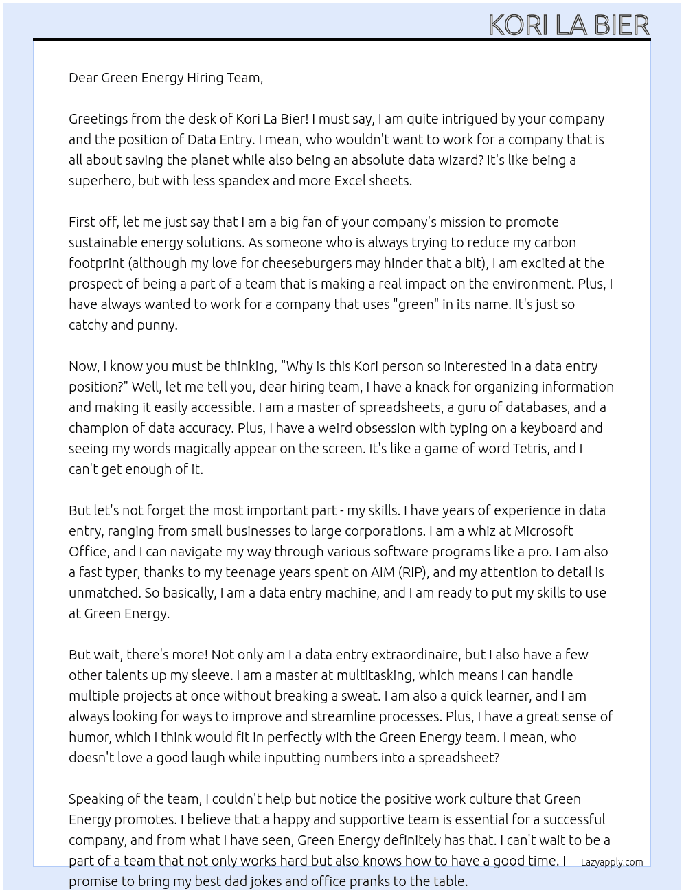 Data Entry At Green Energy Cover Letter