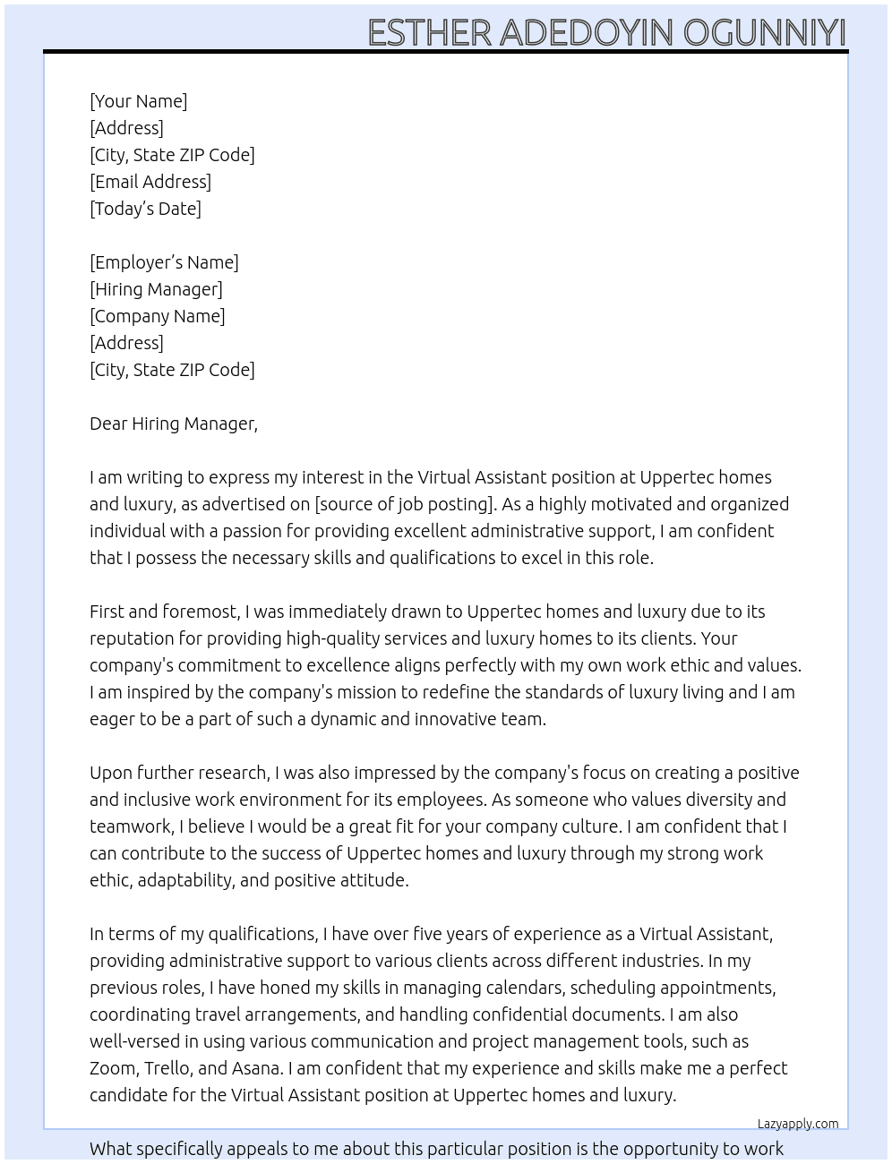 Virtual Assitant At Uppertec homes and luxury Cover Letter