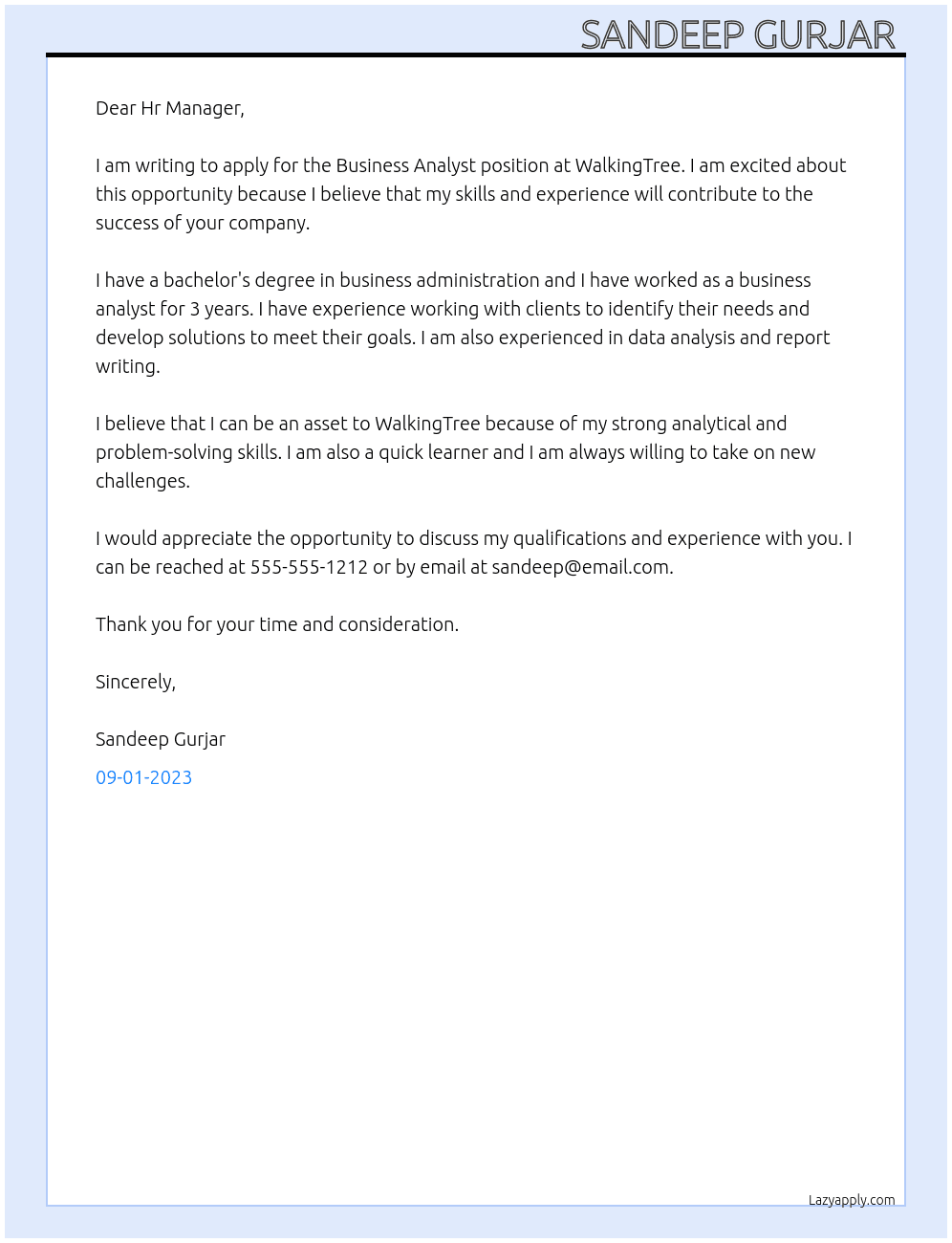 Business Analyst At WalkingTree Cover Letter