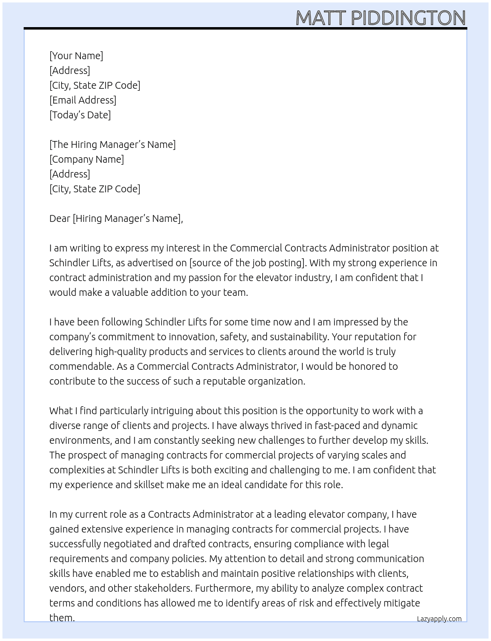 Cover letter for commercial contracts administrator - LazyApply