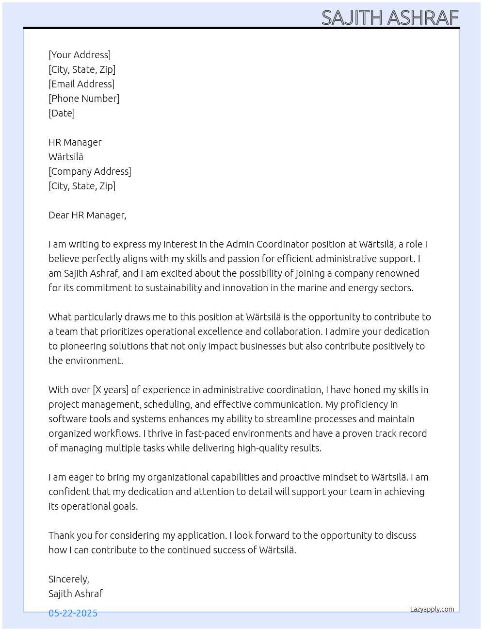 ADMIN COORDINATOR At Wärtsilä Cover Letter