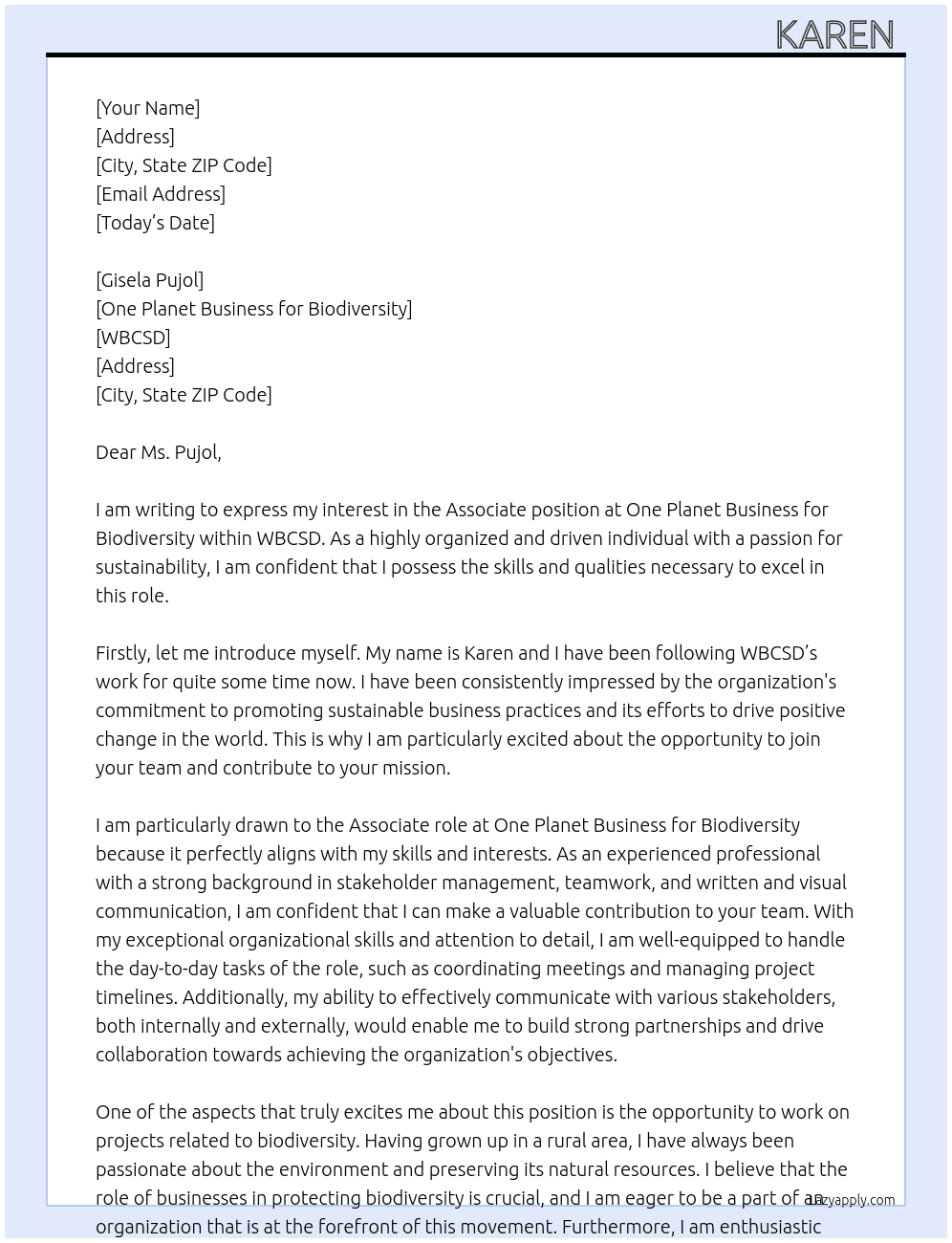 Associate, One Planet Business for Biodiversity At WBCSD Cover Letter