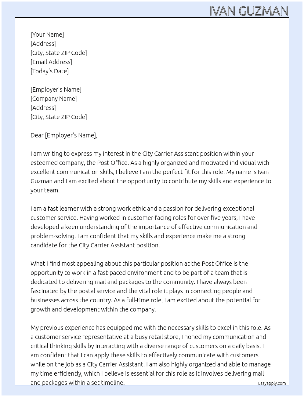 city carrier assistant At post office Cover Letter