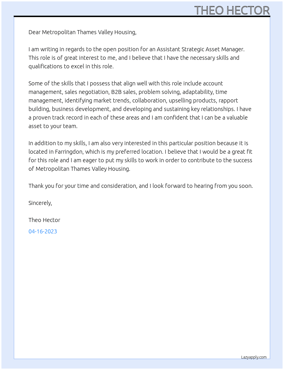 Assistant Strategic Asset Manager  At Metropolitan Thames Valley Housing Cover Letter