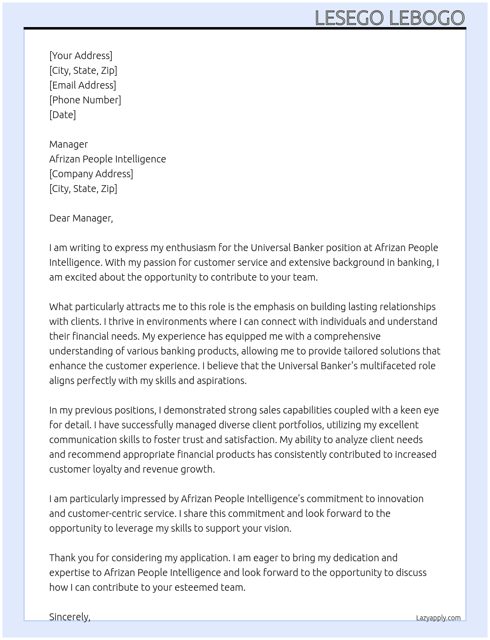 Universal banker At Afrizan people intelligence Cover Letter