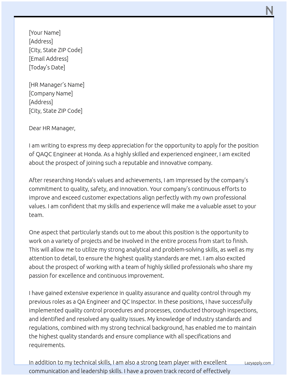 QAQC ENGINEER At HONDA Cover Letter
