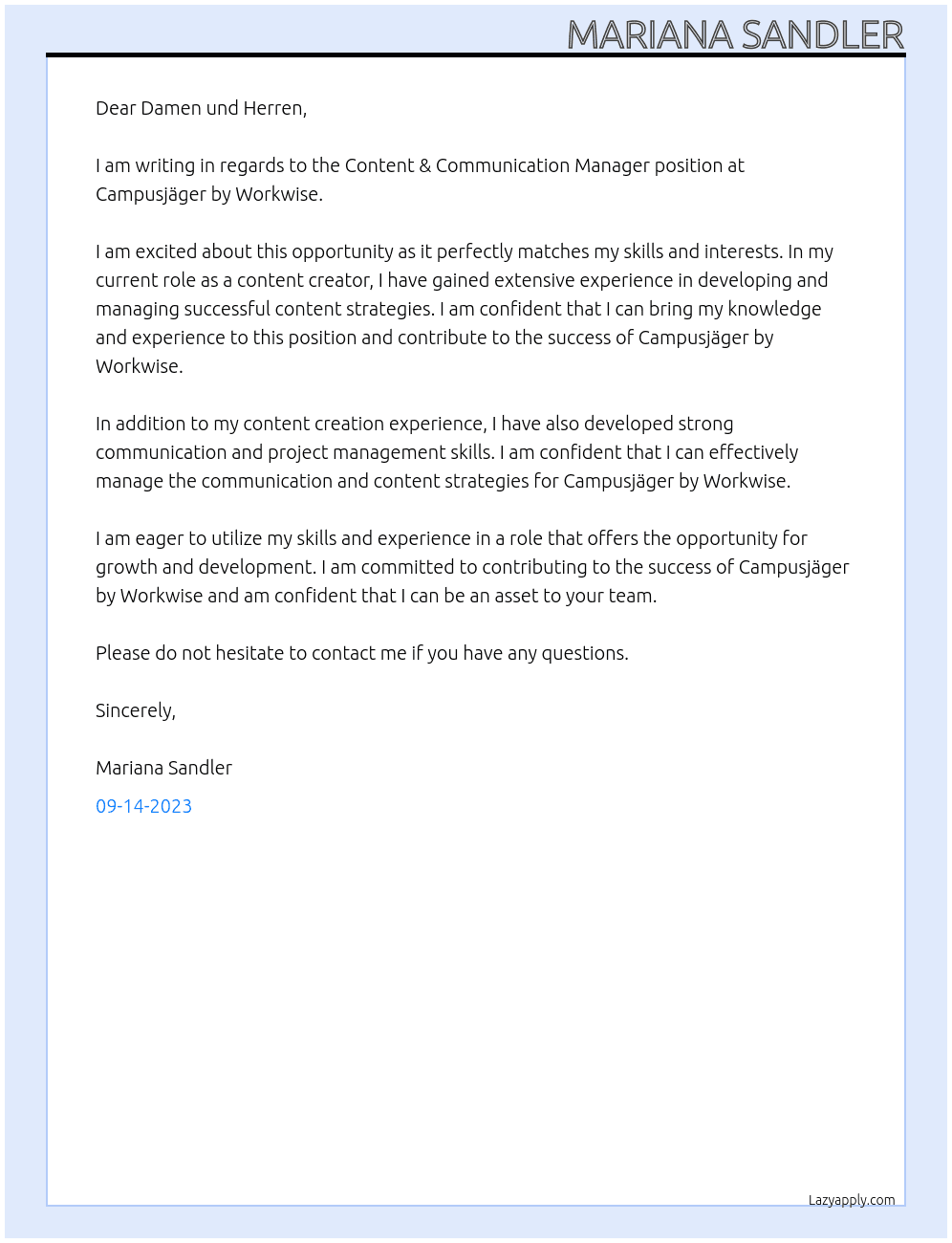 Content & Communication Manager At Campusjäger by Workwise Cover Letter
