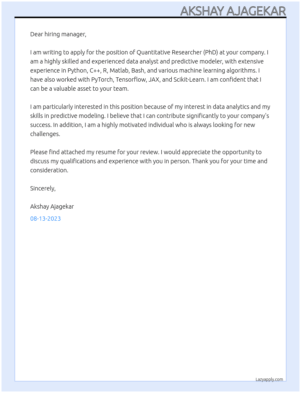 Quantitative Researcher (PhD) At world renowned systematic Hedge Fund Cover Letter