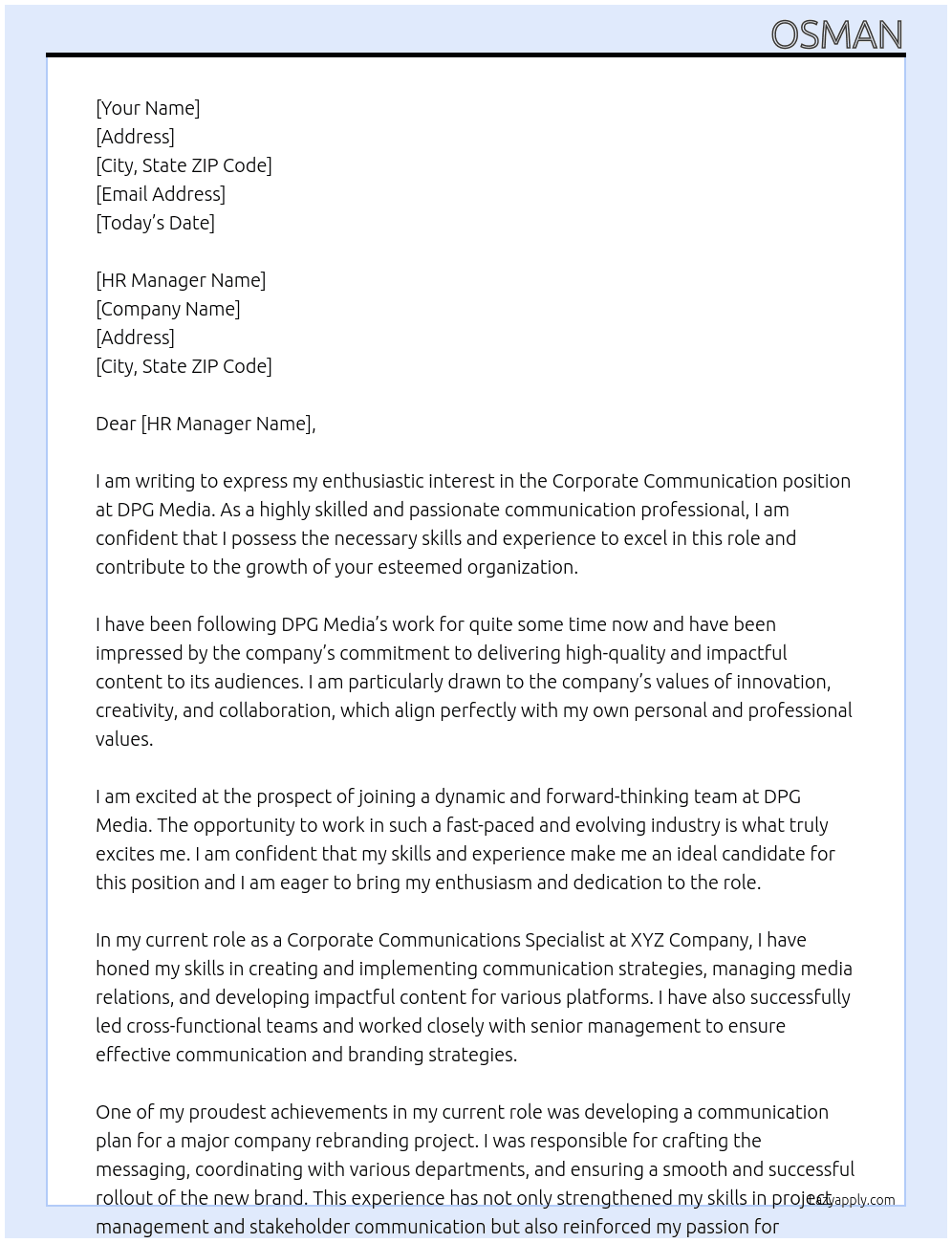 Corporate communication At DPG Media Cover Letter