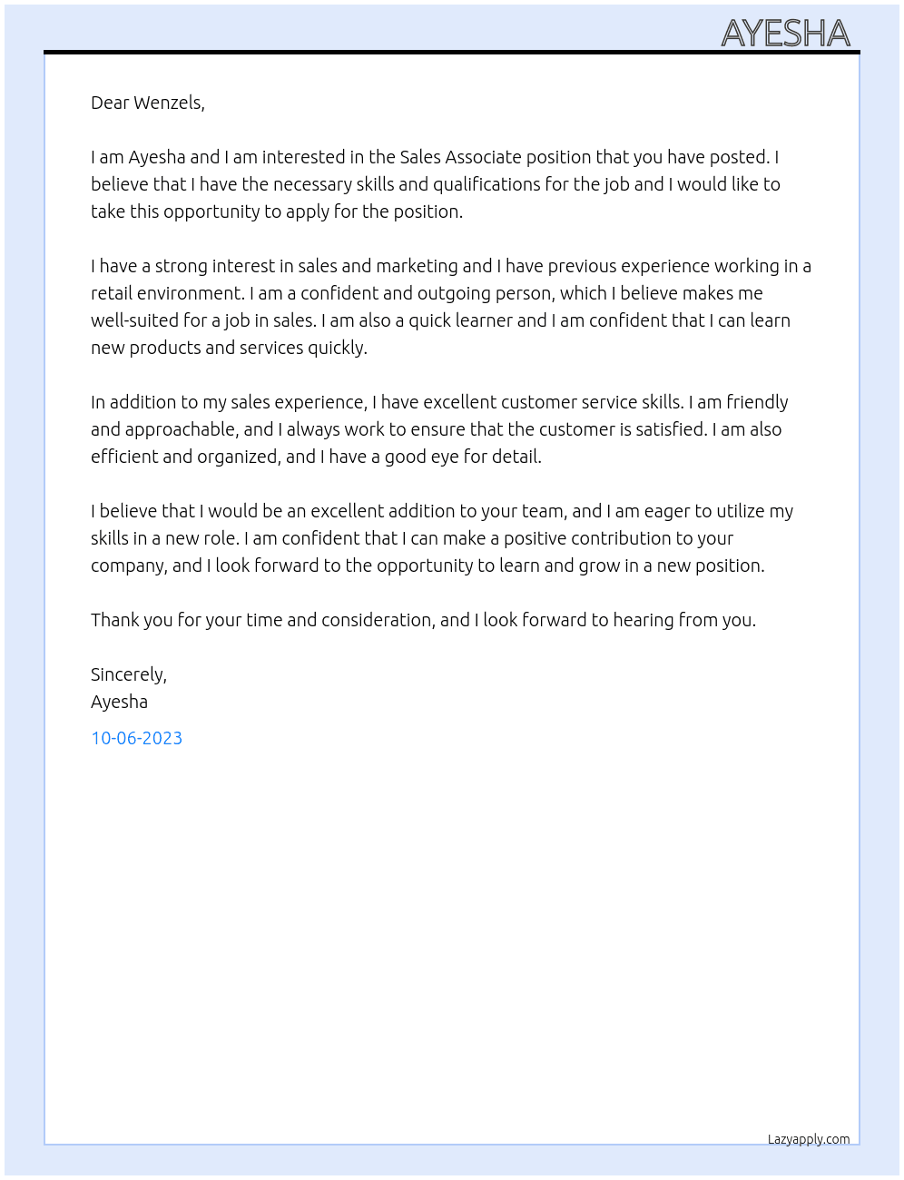 Sales associate  At Wenzels  Cover Letter