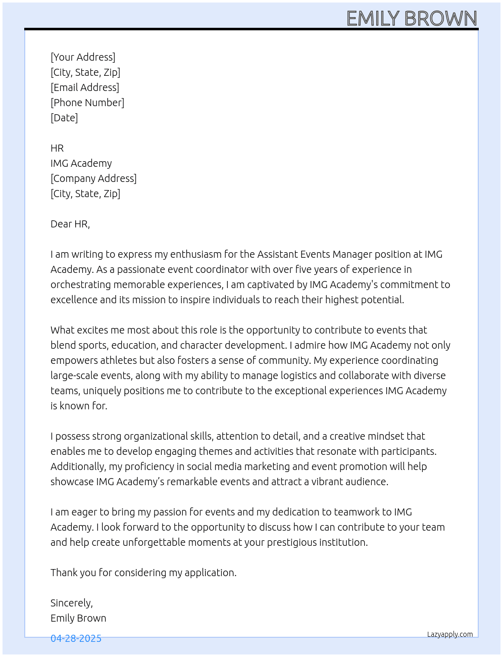 Assistant Events Manager At IMG Academy Cover Letter