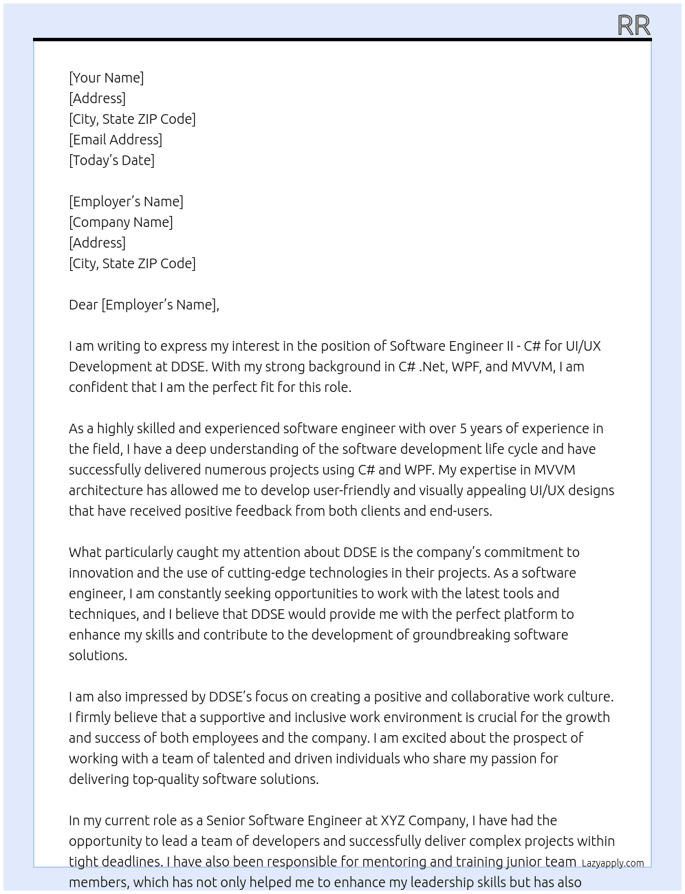 Software Engineer II - C# for UI/UX Development At ddse Cover Letter