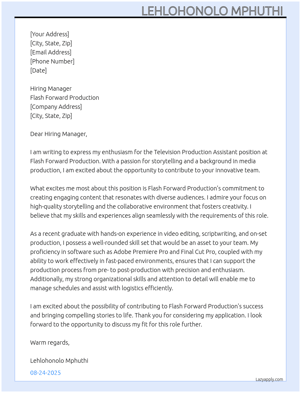 Television Production Assistant At Flash Forward Production  Cover Letter