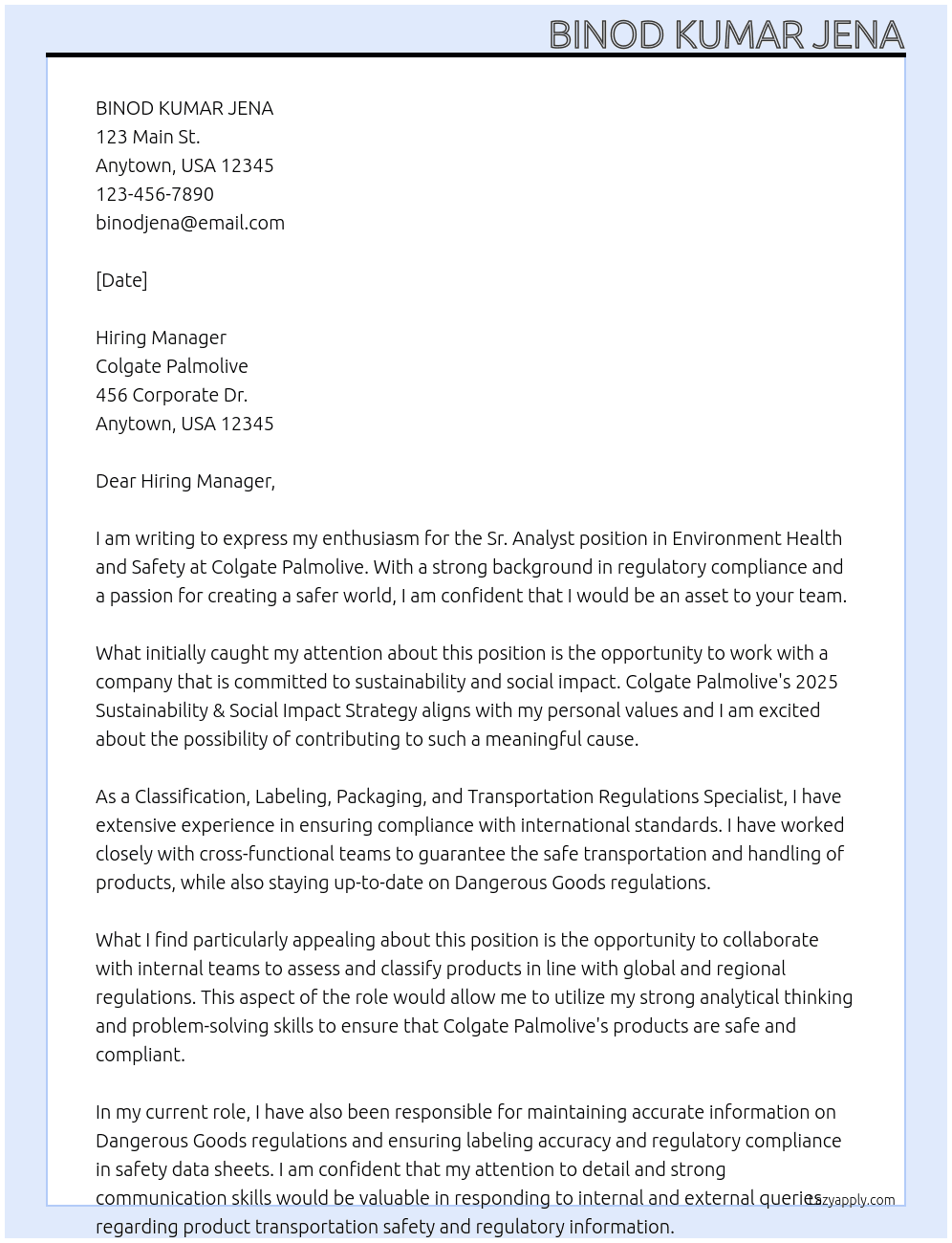 Sr.Analyst, Environment Health and Safety At Colgate palomlive Cover Letter