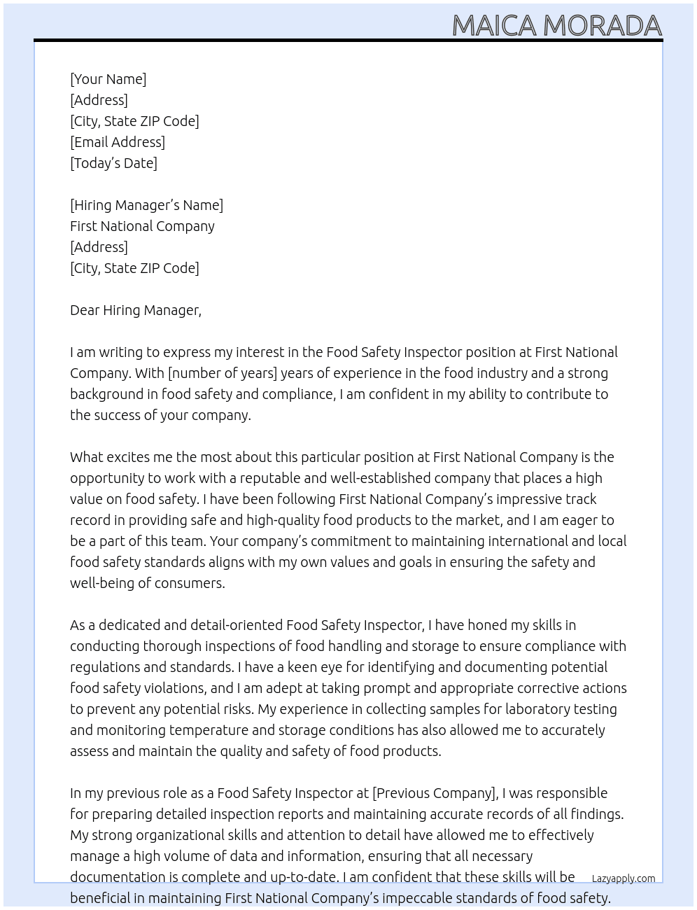 food safety inspector At First National Company Cover Letter