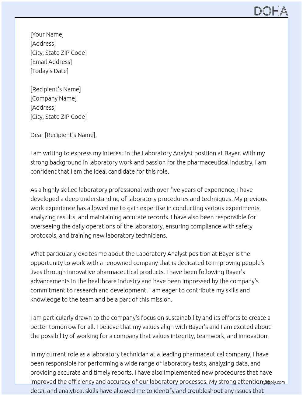 laboratory At bayer Cover Letter