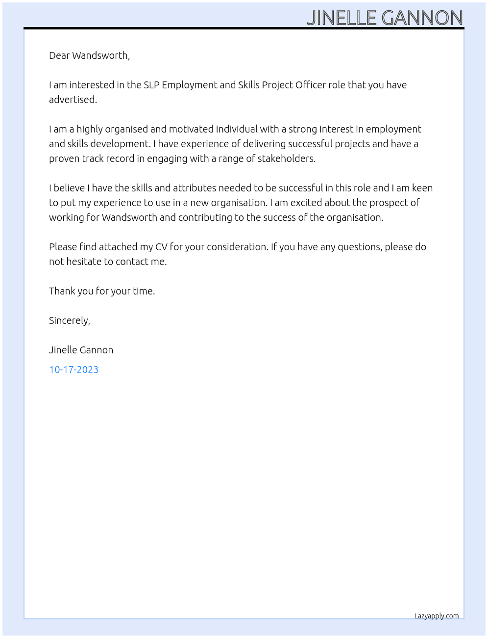 SLP Employment and Skills Project Officer  At wandsworth Cover Letter