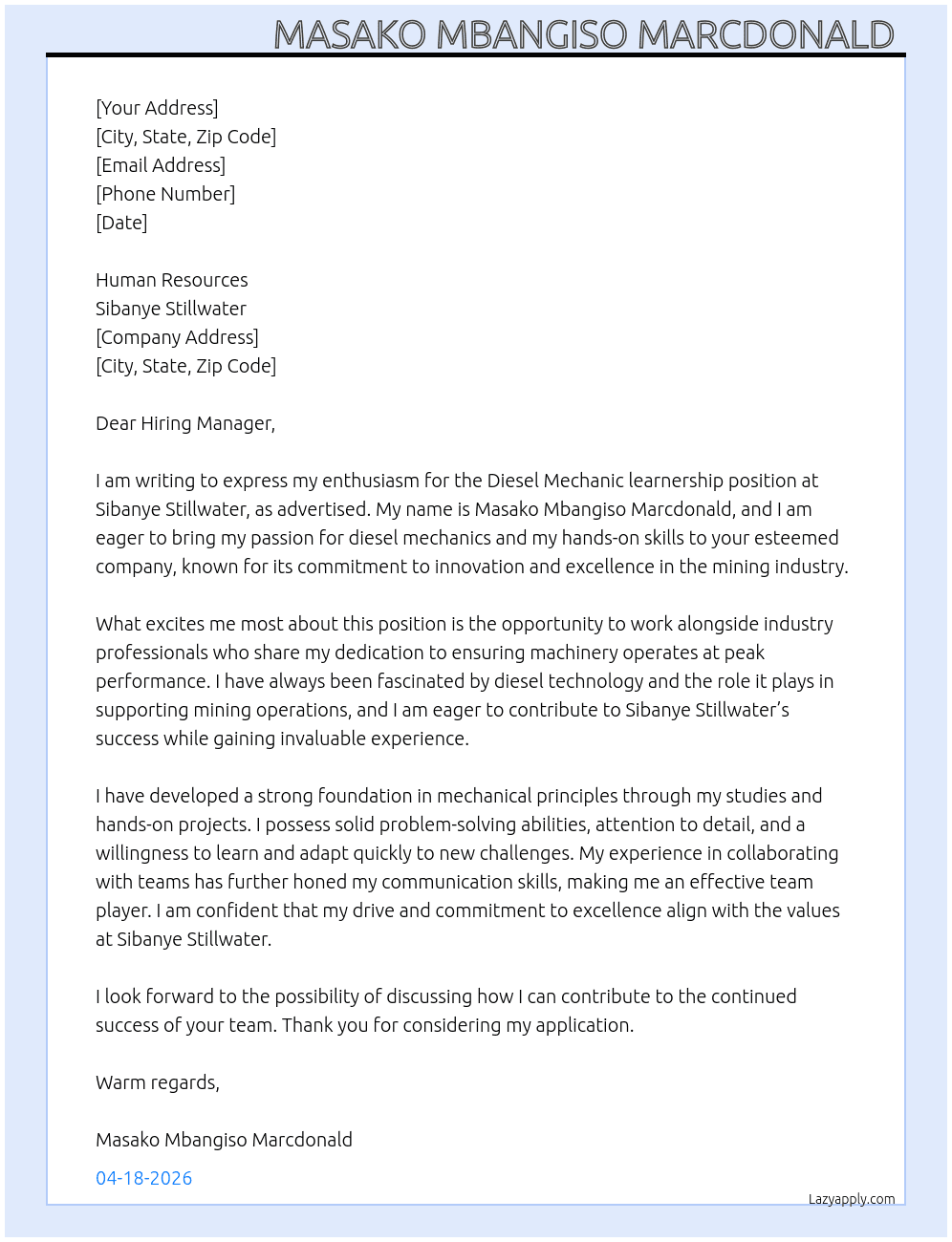 Cover letter for diesel mechanic learnership - LazyApply
