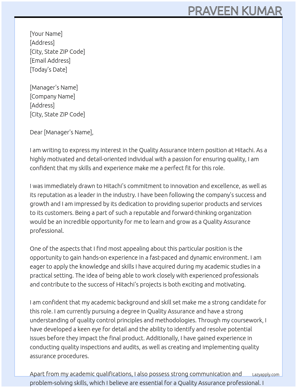 Quality Assurance - Intern At Hitachi Cover Letter