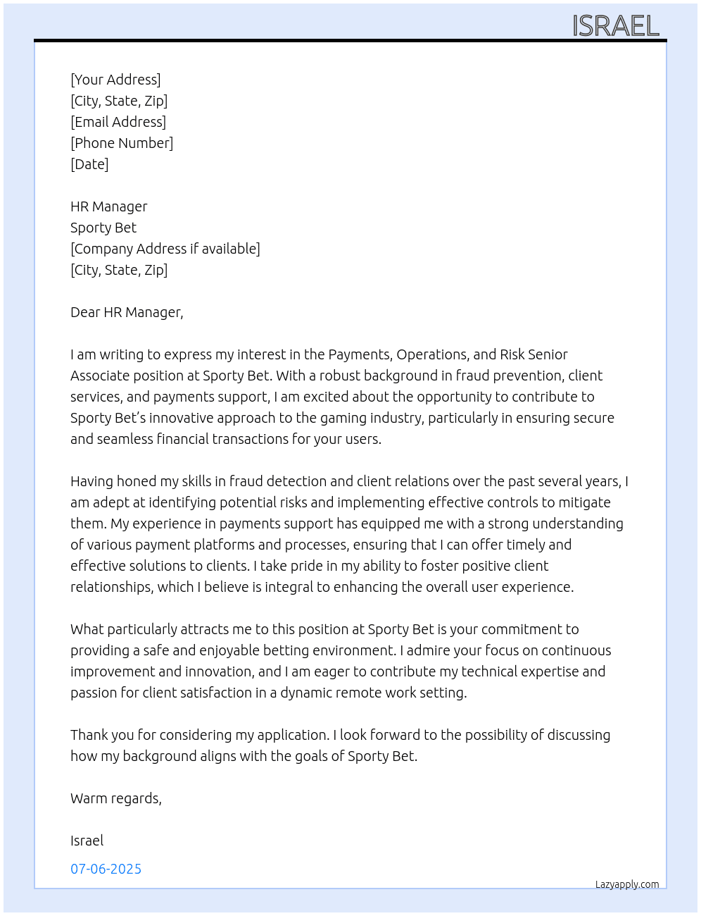Payments,Operations and Risk Senior Associate At Sporty bet Cover Letter