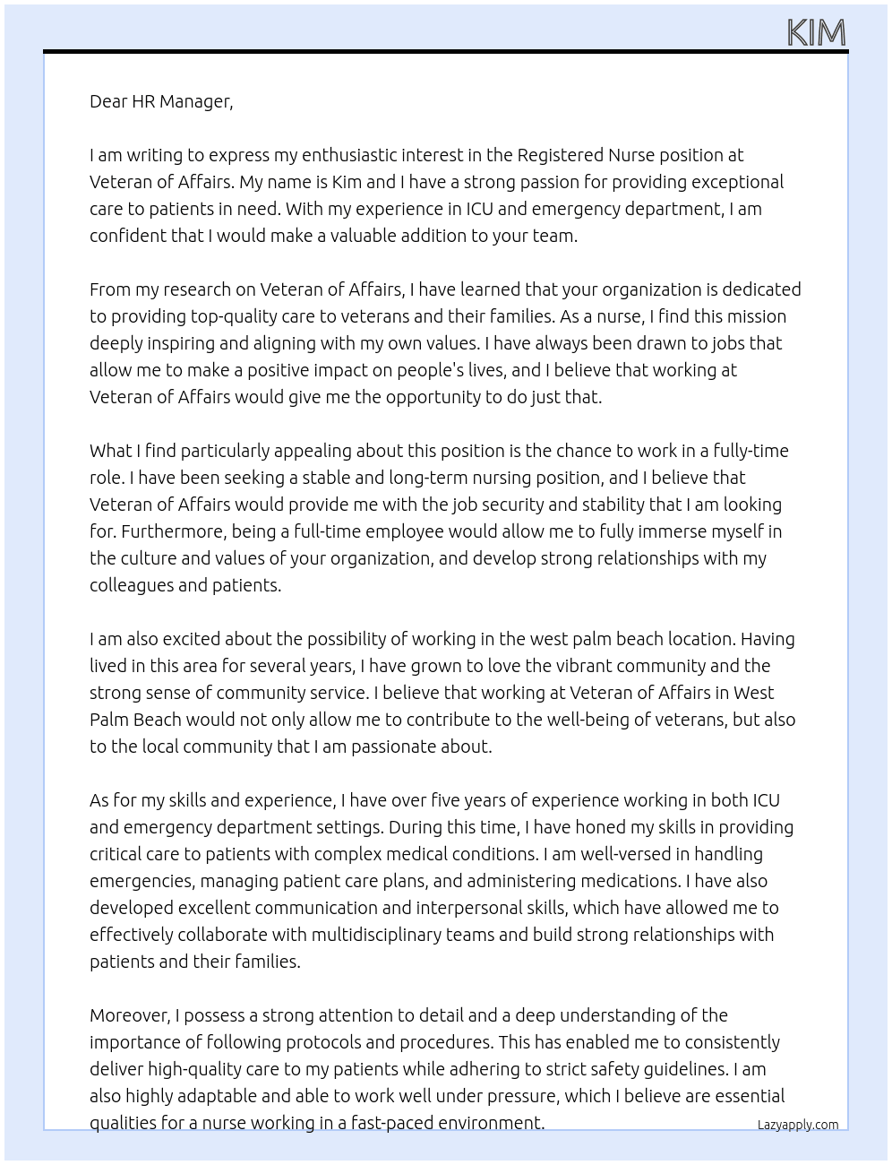Registered Nurse At Veteran of affairs  Cover Letter