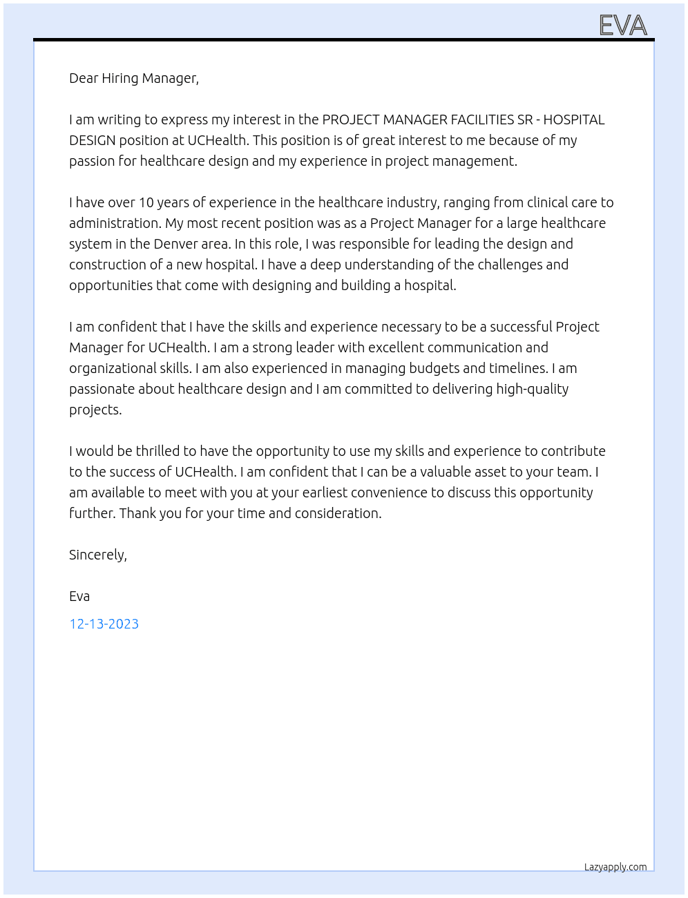 PROJECT MANAGER FACILITIES SR - HOSPITAL DESIGN At UCHealth Cover Letter
