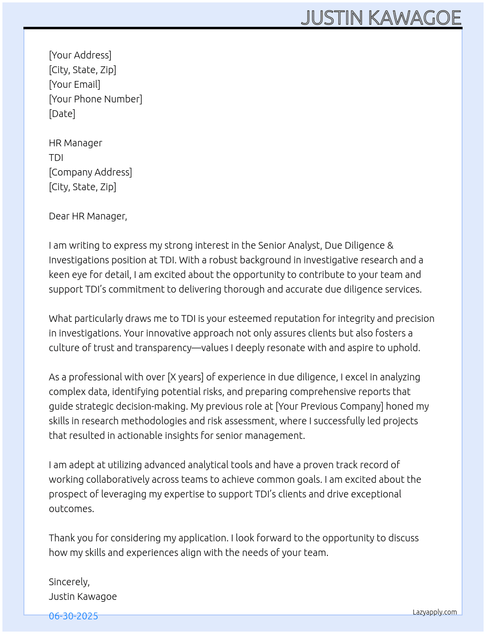 Senior Analyst, Due Diligence & Investigations At TDI Cover Letter