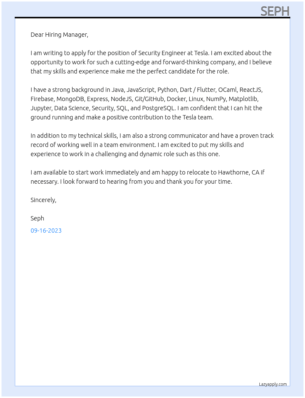 Security Engineer At Tesla Cover Letter