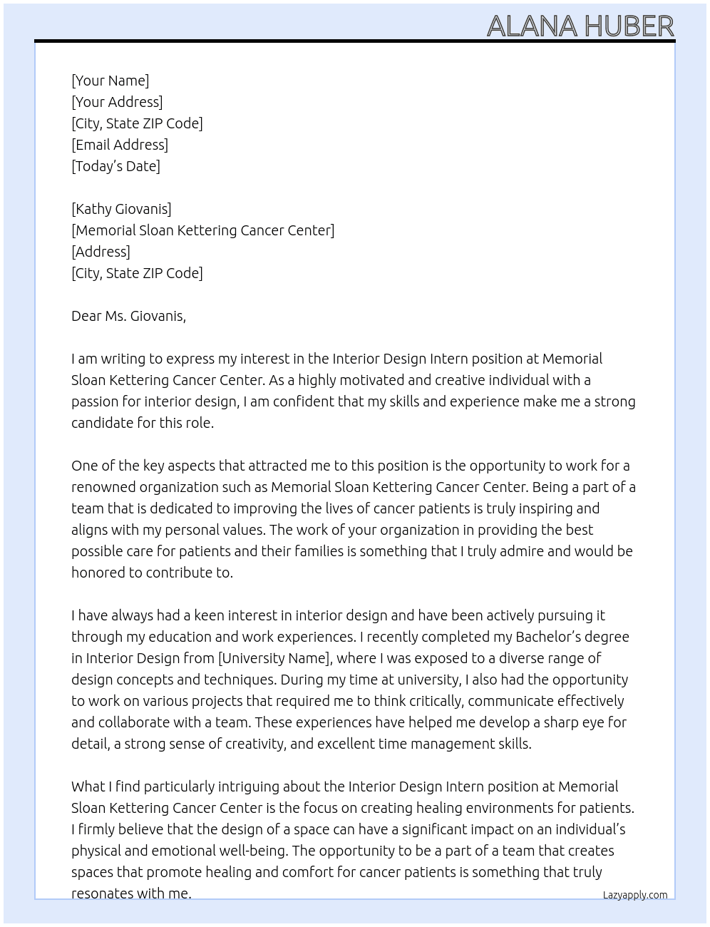  Interior Design Intern At Memorial Sloan Kettering Cancer Center Cover Letter