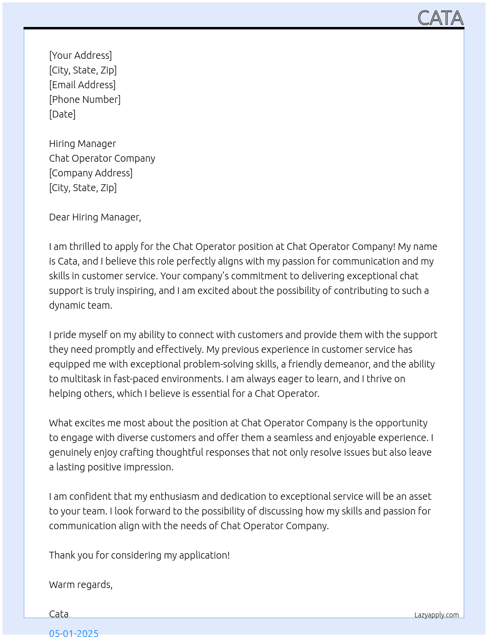 Chat operator At Chat operator company  Cover Letter