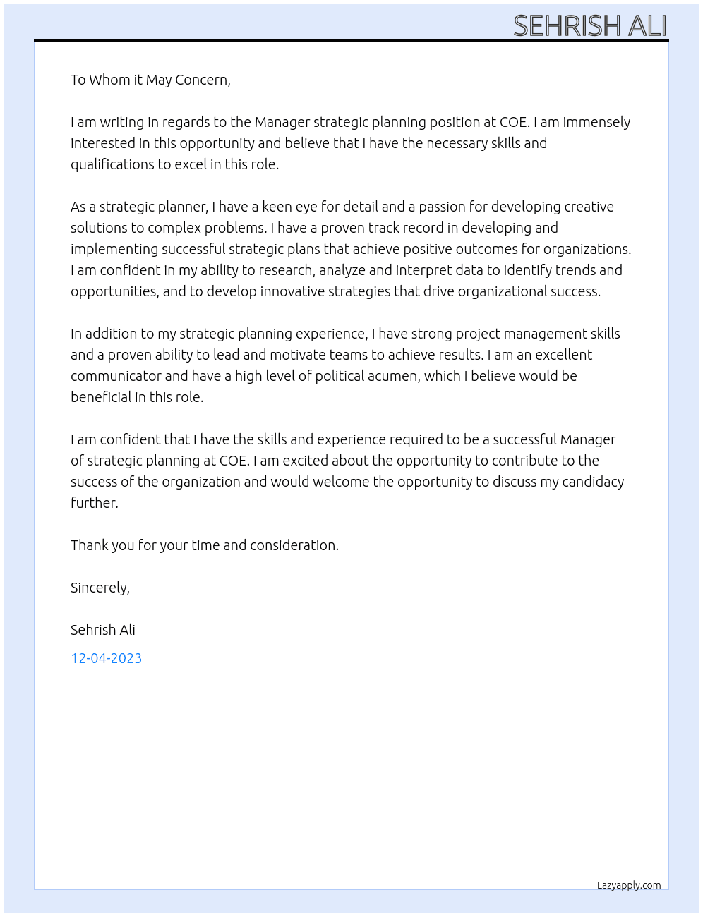 Manager strategic planning At COE Cover Letter