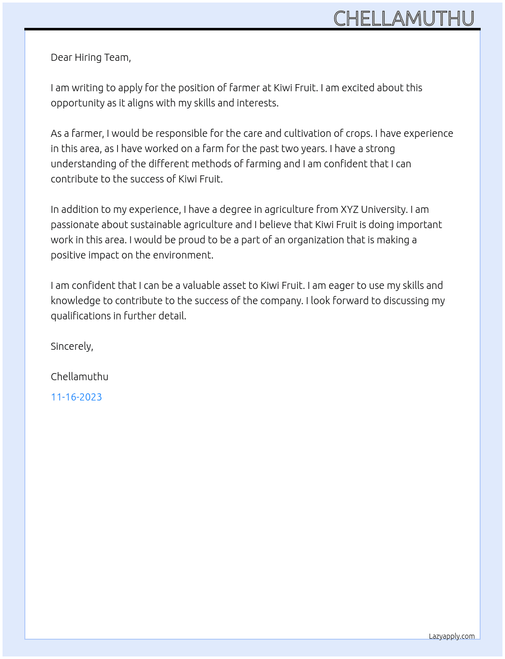 FARMER At KIWI FRUIT Cover Letter