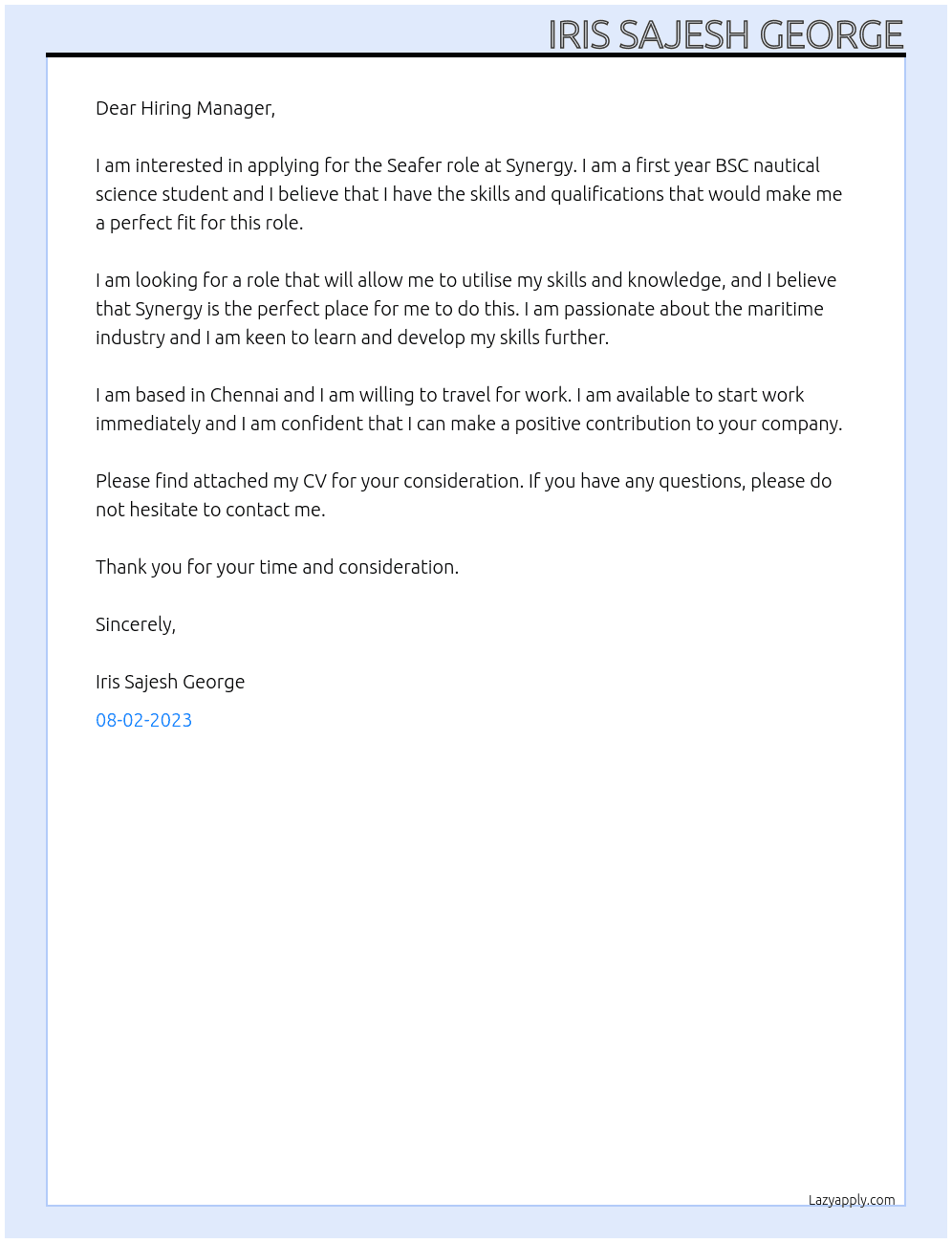 Seafer At Synergy  Cover Letter