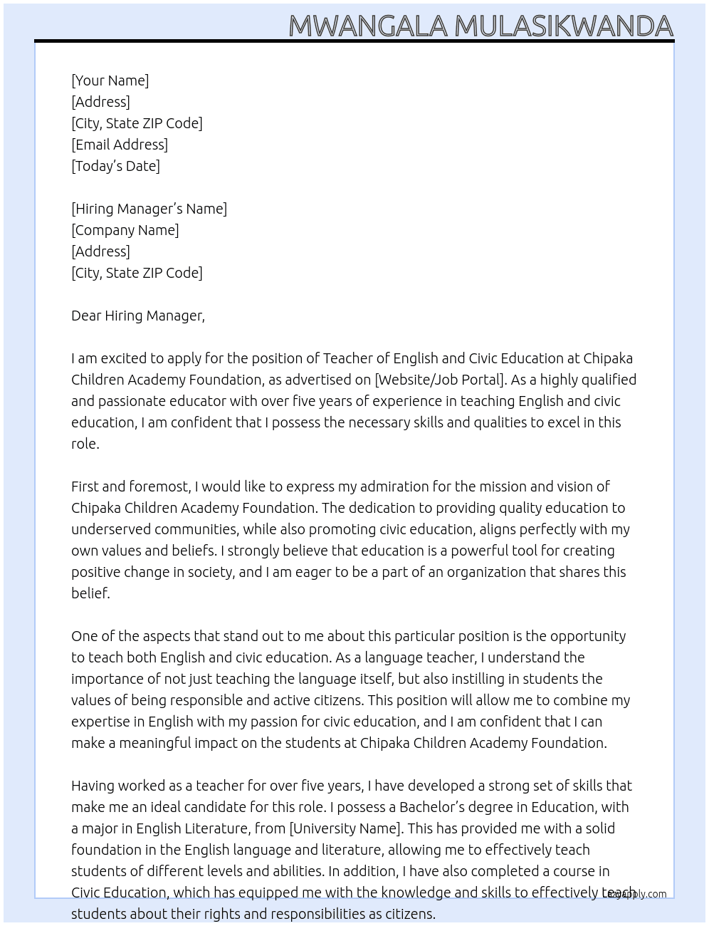 Teacher of English and civic education  At Chipaka children academy foundation  Cover Letter
