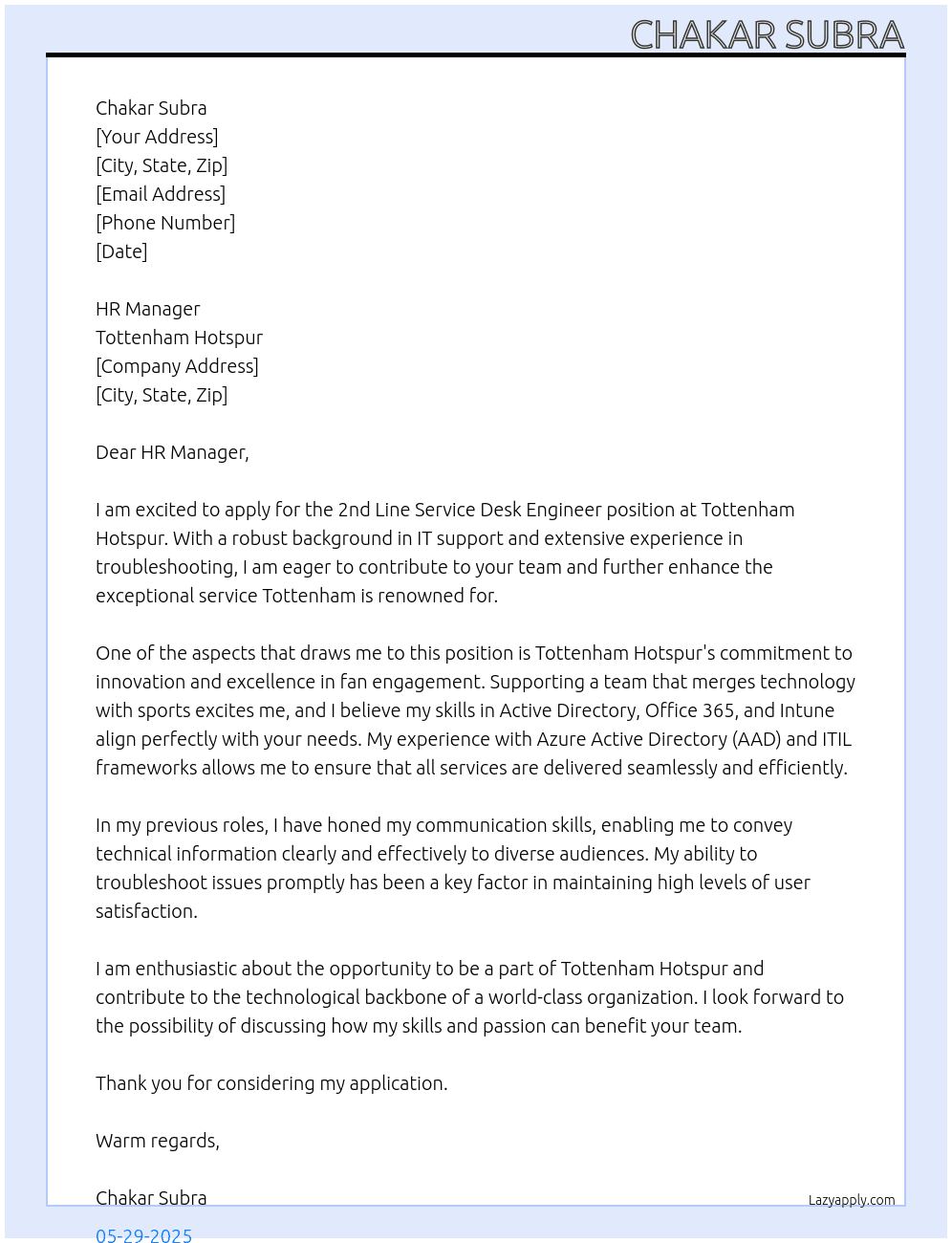 2nd Line Service Desk Engineer At Tottenham Hotspur Cover Letter