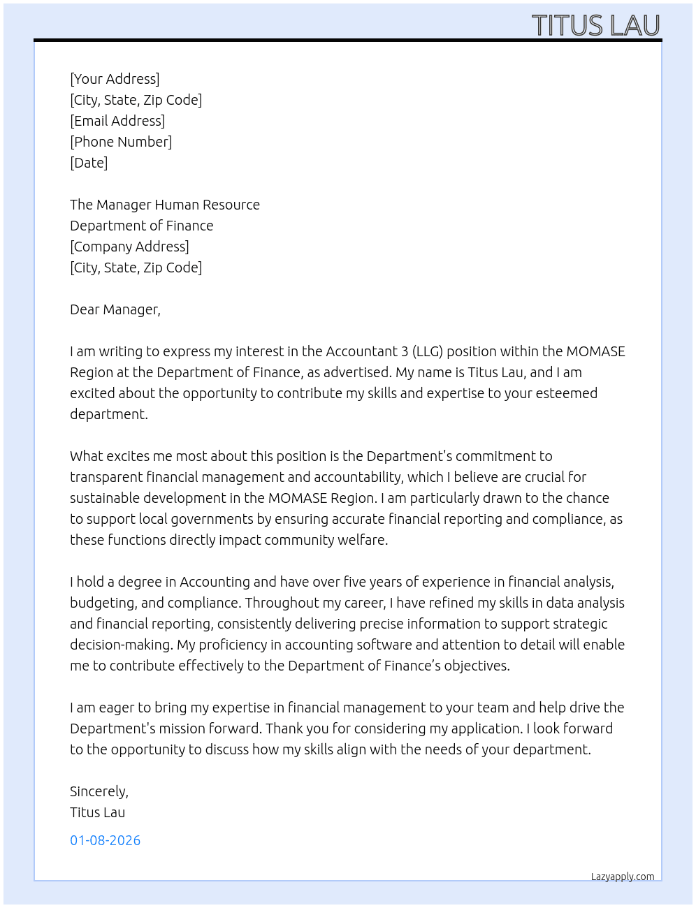 Accountant 3 (LLG)  - MOMASE REGION At Department of Finance Cover Letter