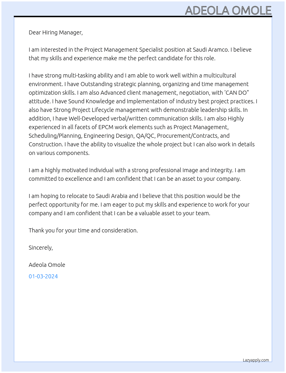 Project Management Specialist At Saudi Aramco Cover Letter