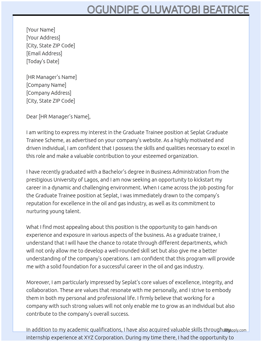 Graduate Trainee  At Seplat Graduate Trainee Scheme  Cover Letter