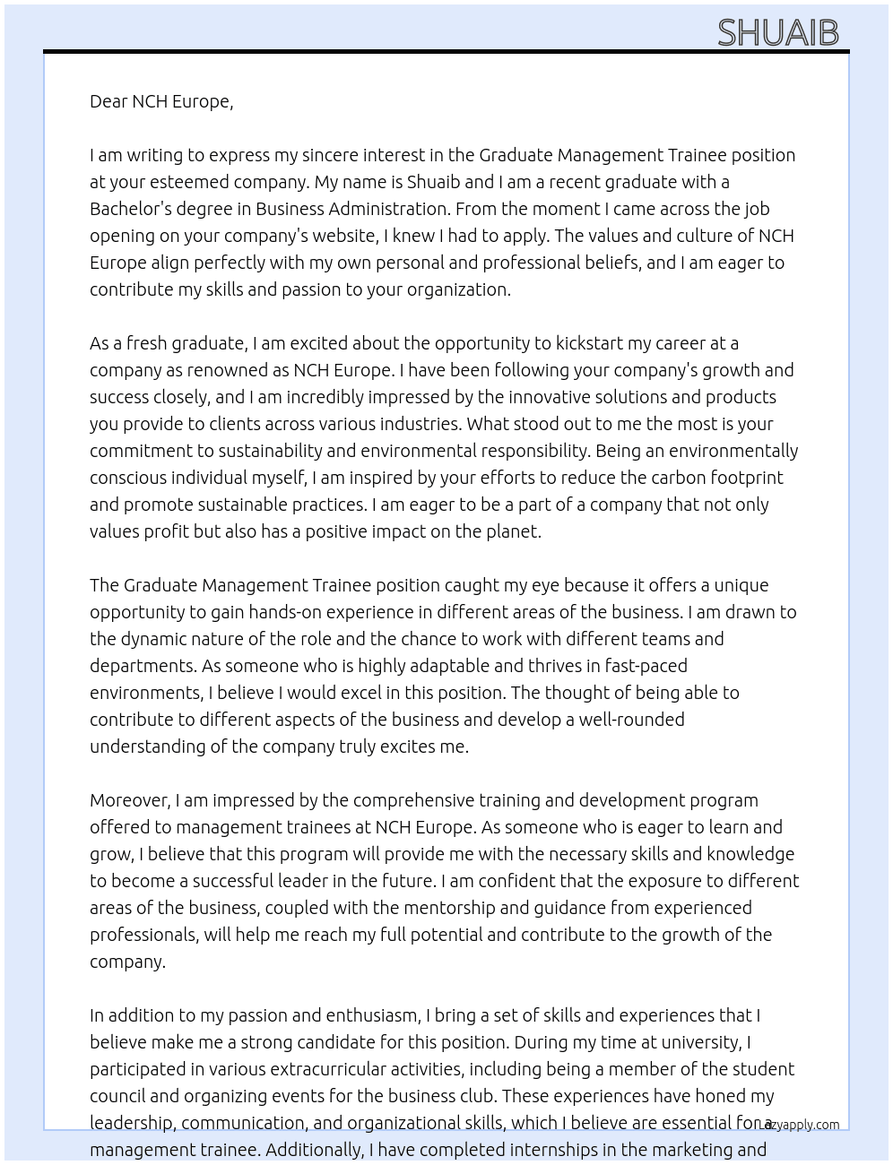 Graduate Management Trainee  At NCH Europe Cover Letter