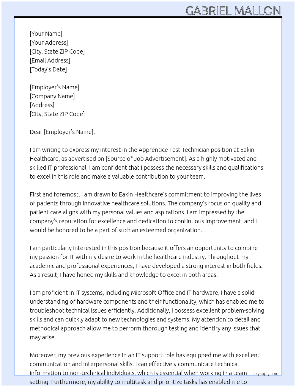 Apprentice Test Technician At Eakin Healthcare Cover Letter